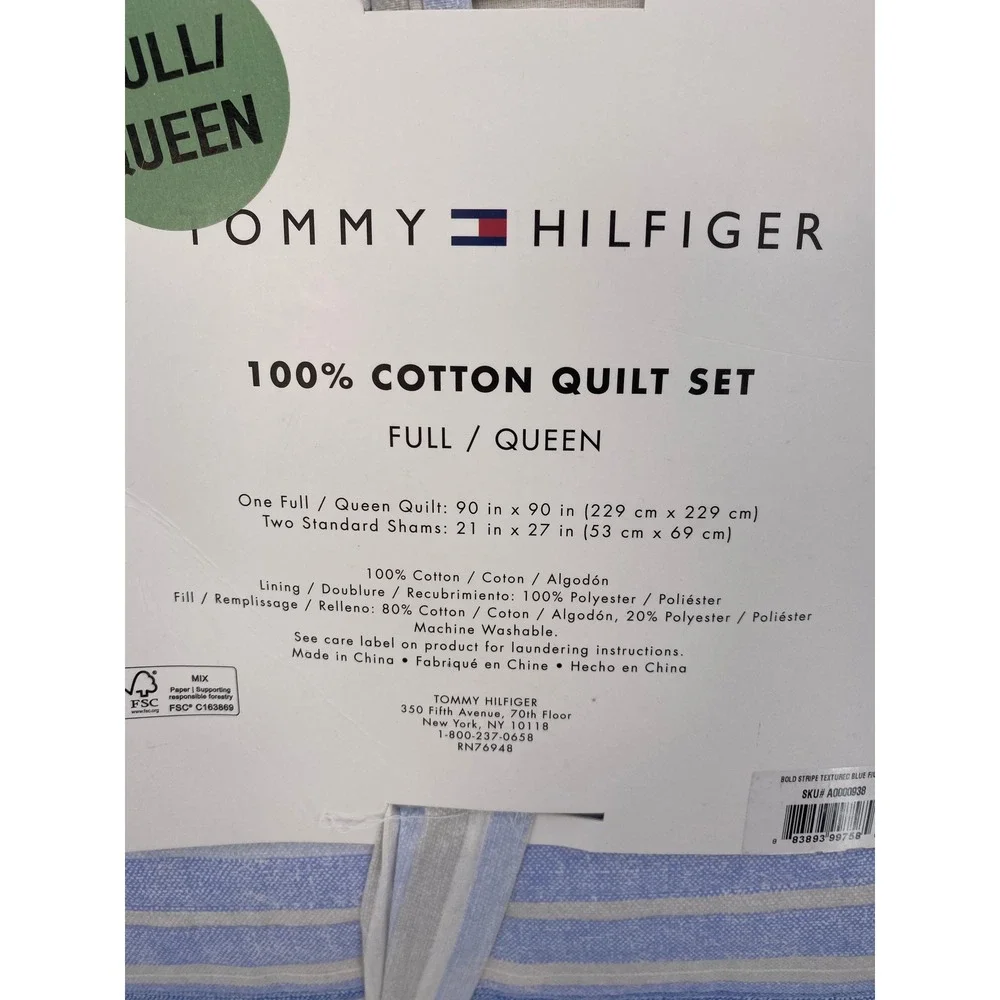 Tommy Hilfiger Quilt Set Full Queen Blue Bold Stripe Textured 100% Cotton Preppy